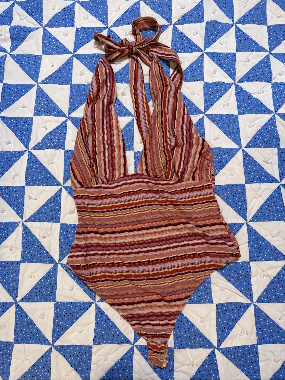Intimately Free People Striped Halter One-Piece Swimsuit in Brown and Rust